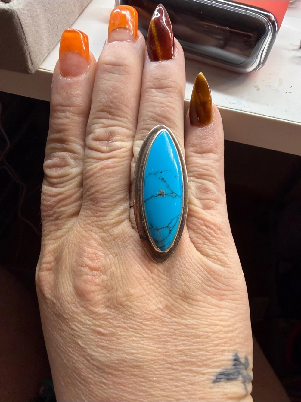 Turquoise Marquise Statement Ring - Women Jewelry .925 size 7.5